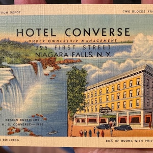 Hermosa tarjeta de lino antigua rara del Hotel Converse en Niagara Falls, Nueva York
