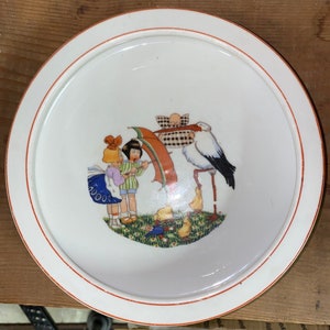 The Most Darling Antique German Porcelain Baby Plate with Little Girls, Baby, Ducklings and Stork
