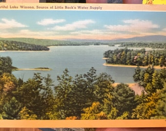 Hermosa postal de lino antiguo del lago Winona, fuente del suministro de agua de Little Rock, Arkansas