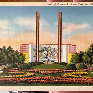 Antike Leinen Postkarte von Hall of Communications auf der New York World es Fair