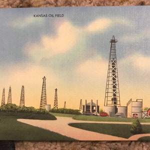 Piękna, nieskazitelna pocztówka z płótna przedstawiająca pole naftowe w Kansas