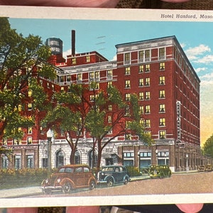 Lindo cartão postal de linho antigo do Hotel Hanford em Mason City, Iowa