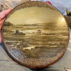 Antique Wall Hanging Vomit Style Resin of the Oregon Trunk Rail Train Bridge at Celilo Falls c. 1915