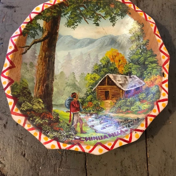 Lovely Vintage 7-1/2" Handpainted Chihuahua Mexico Wooden Souvenir Wall Hanging Plate Bowl