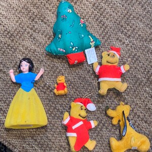 Darling Collection of Vintage 1970s Walt Disney Production Flocked Snow White, Winnie the Pooh and cloth Pooh Tree Ornament