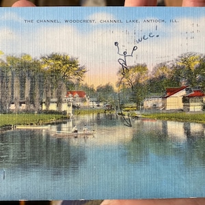 Bella cartolina di lino antico del canale, Woodcrest, Channel Lake ad Antioch, Illinois