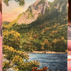 Wunderschöne antike Leinen Postkarte von Eagle Cliff und Echo Lake in White Mountains, New Hampshire