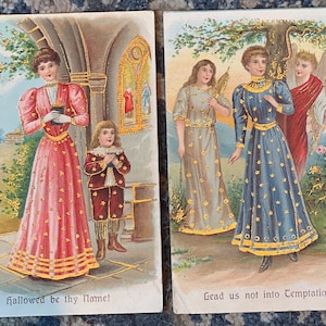 Fabuleuse collection de 2 cartes postales de prière du Seigneur de 1908 avec femme, ange et enfant