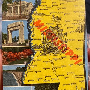 Bella cartolina di lino antico del Mississippi tra cui Campidoglio, Camp Shelby, Military Park, Lighthouse e Air Base