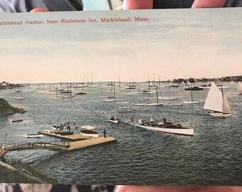 Wunderschöne antik kolorierte Postkarte von Marblehead Harbor von Rockmere Inn in Massachusetts