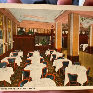 Carte postale antique vraiment cool de la belle salle à manger pompéienne à l’hôtel The Congress à Portland, Oregon