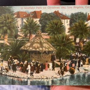 Cartão postal colorido antigo e legal do Westlake Park no dia de Natal em Los Angeles, Califórnia