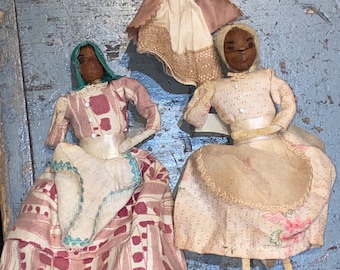 Three Funky Creepy Antique Vintage Lady & Baby Folk Art Hickory Nut Head Dolls from the Ozarks