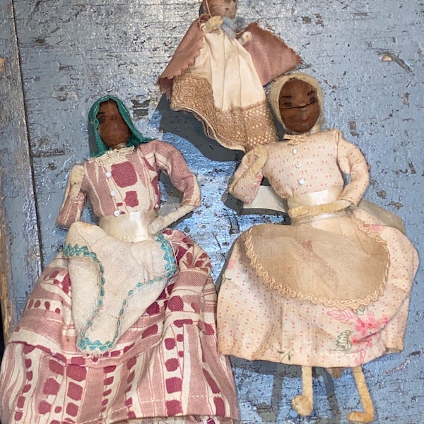 Three Funky Creepy Antique Vintage Lady & Baby Folk Art Hickory Nut Head Dolls from the Ozarks