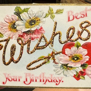 Wunderschöne antike Postkarte “Best Wishes for Your Birthday” 1900 mit Hartriegelblumen & Seil