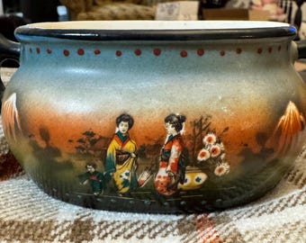 Gorgeous Antique Czechoslovakian Handpainted Asian Inspired Scene Bowl with Ladies & Cranes