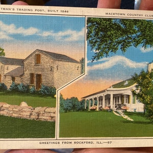 Belle carte postale en lin ancien du Whitman’s Trading Post & Macktown Country Club à Rockford, Illinois