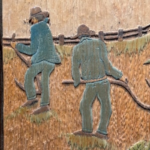 Cool Vintage Handcarved Folk Art Carving Wall Hanging of Men Working in the Fields