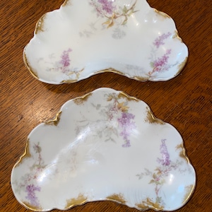 Pair of Lovely Antique Porcelain Floral Kidney Shaped Bone Dishes Lilacs