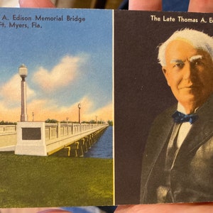 Lindo cartão postal de linho antigo da Thomas A Edison Memorial Bridge em Fort Myers, Flórida
