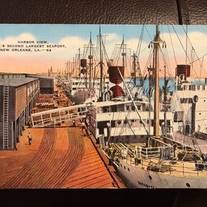 Belle carte postale en lin antique d’une vue portuaire de la Nouvelle-Orléans, port maritime de Louisiane