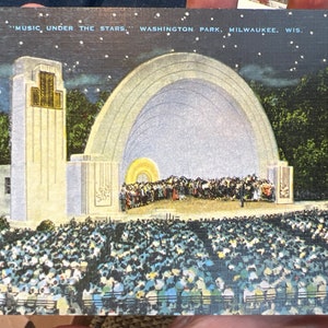 Belle carte postale en lin antique de la musique sous l’étoile, magnifique parc Washington à Milwaukee, Wisconsin