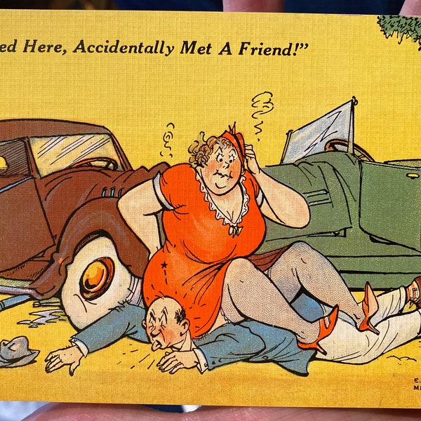 Funny Antique Linen 1940-50 “Detained Here, Accidentally Met A Friend!” Kropp Postcard