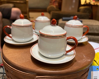 Beautiful Set of 4 Antique Shafferd Porcelain Lidded Espresso Demitasse Cups with Saucers