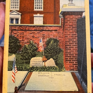 Antike Leinen Postkarte von Benjamin Franklins Grab in Philadelphia, Pennsylvania