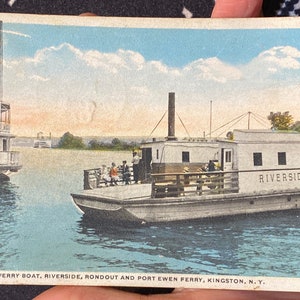 Lindo cartão postal de linho antigo do Old Chain Ferry Boat, Riverside, Ronout e Port Ewen Ferry em Kingston, Nova York