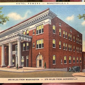 Antike Leinen Postkarte von Hotel Powers in Bennettsville, South Carolina