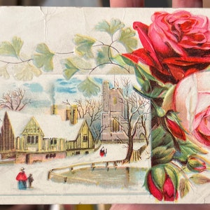 Belle carte postale antique de la scène d’hiver des roses en relief au début des années 1900