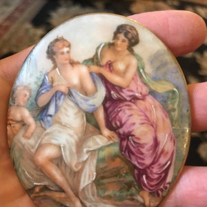Gorgeous Antique Porcelain Limoges Oval Disc with Baroque Cherub & Women