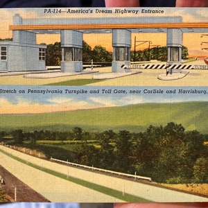 Lindo cartão postal de linho antigo da entrada da rodovia da Pensilvânia Turnpike e Toll Gate perto de Carlisle e Harrisburg, Pensilvânia