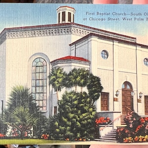 Belle carte postale en lin antique de la première église baptiste de West Palm Beach, Floride