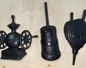 Three Beautiful Cast Iron Hanging Vintage Coffee Mill, Butter Churn and Bellows
