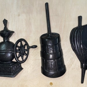 Three Beautiful Cast Iron Hanging Vintage Coffee Mill, Butter Churn and Bellows