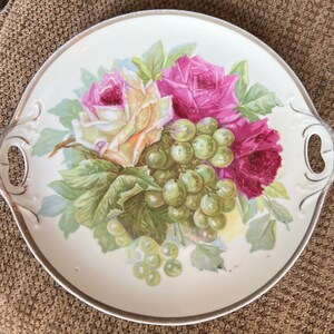Lovely Antique Porcelain Pink  Yellow Roses & Grapes German Three Crown Cake Plate
