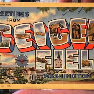 Cartão postal de linho antigo legal com saudações de Geiger Field Spokane Washington