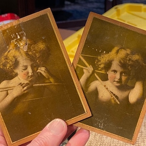Darling Antique Pair of 2 1920-30s Child Angel Cherubs Cupid on Decoupage on Wood 4” x 3”