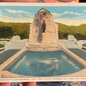 Bella cartolina antica del battaglione mormone del 1934 monumento al Campidoglio dello Utah a Salt Lake City, Utah