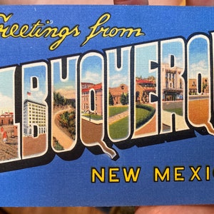 Cartão postal colorido de linho antigo de saudações de Albuquerque, Novo México