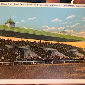 Wunderschöne Antike Leinen Postkarte von Dade Park Track zwischen Evansville, Indiana und Henderson, Kentucky auf US 41