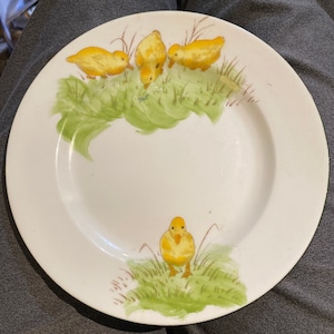 Royal Chelsea Staffordshire England Porcelain Handpainted Baby Plate with Baby Ducklings c 1920s