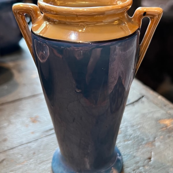 Beautiful Little Antique Lusterware Handpainted Blue & Peach Vase Made in Japan