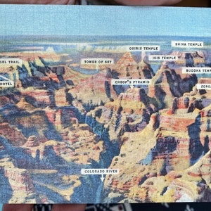 Antique Linen Postcard of Air View of Grand Canyon, Arizona with all Peaks Labeled