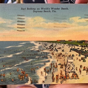 Carte postale en lin antique de la baignade de surf sur World’s Wonder Beach à Daytona Beach, Floride 1940