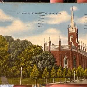 Belle carte postale en lin antique de la cathédrale Sainte-Marie de Natchez, Mississippi