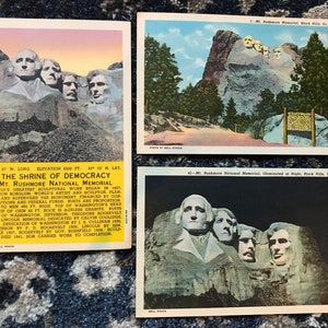 Lot de 3 fabuleuses cartes postales en lin antique du mont Rushmore, Black Hills, Dakota du Sud