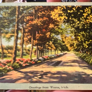 Lindo cartão postal de linho antigo com saudações de Wayne, Michigan